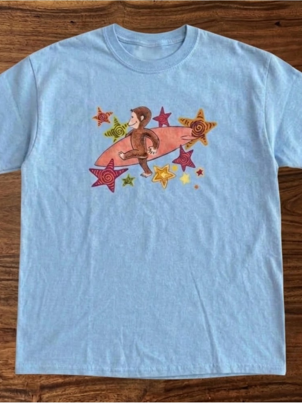 Gildan Light Blue Curious Monkey Surf Graphic Tee